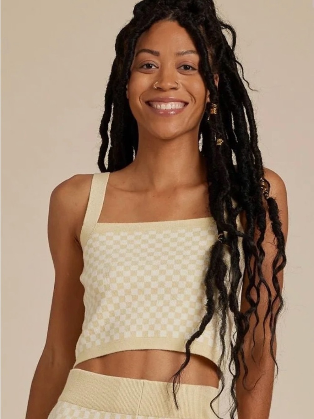 Rylee + Cru Lemon Check Soft Knit Tank with Subtle Texture
